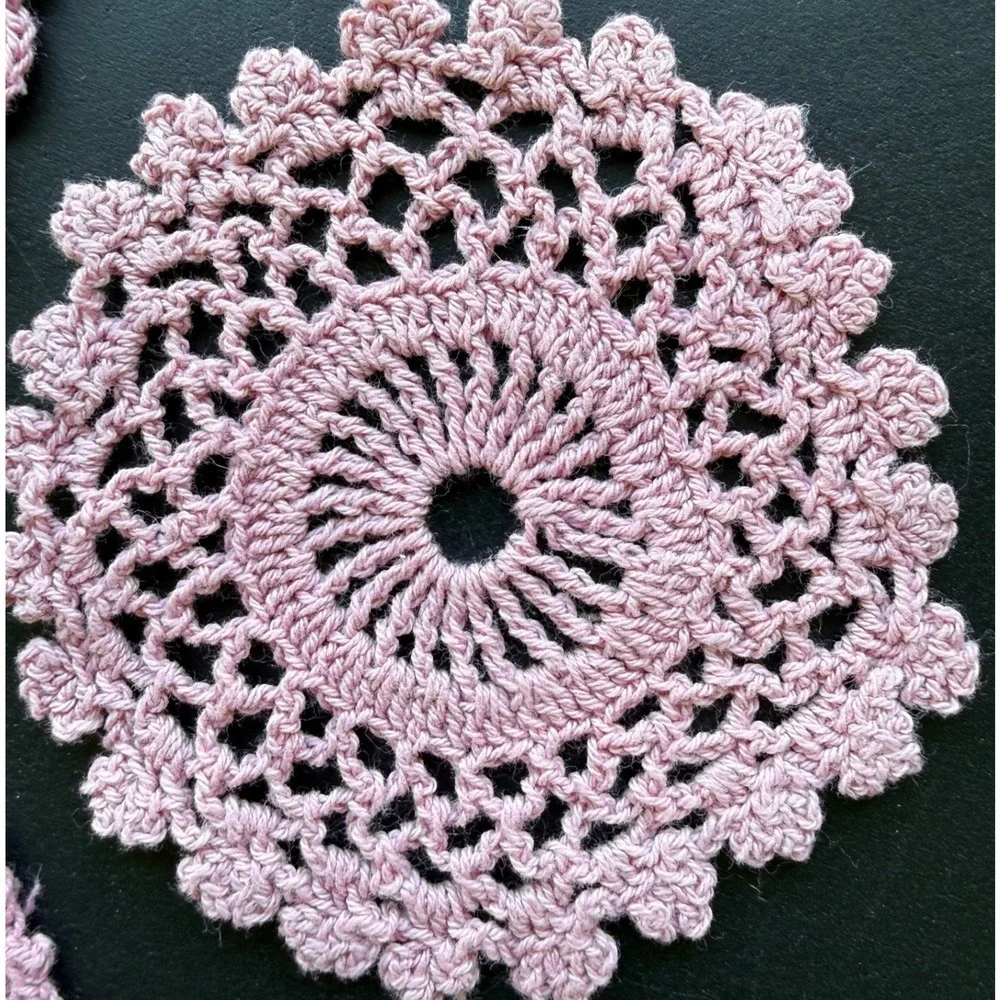 Pink Vintage Crochet Flower Doilies Coasters Set of 11 Handmade Cotton Lace